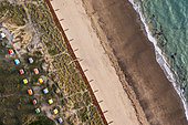 Aerial view of the beach huts in Gouville sur mer, Manche, Cotentin, France