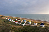 Aerial view of the beach huts in Gouville sur mer, Manche, Cotentin, France