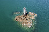 Sénéquet lighthouse on the rock of the same name 3.8 km off Gouville-sur-Mer, Cotentin, Normandy, France