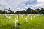 White marble cross where American soldiers are buried, first American military cemetery of World War II, Colleville-sur-Mer, Calvados, Normandy, France