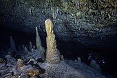 Underwater Stalagmite. In the south boat pass cave, 70 metres deep and about 100 metres from the entrance. This stalagmite is an irrefutable proof that this cave was emerged at one time. We are probably the first people to see this place. A real discovery that still has many secrets to reveal. Underwater cave, Mayotte