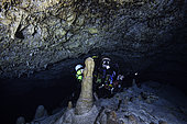 Rebreather diver. Photo taken at a depth of 70 m in this cave which has been underwater for 18,000 years. It's a great feeling to know that we are the first two humans to discover this place. Moreover, the information that this cave will be able to offer us, through the analysis of stalagmites and stalactites, will teach us a lot about the geology of Mayotte and the atmosphere of the cave at that time. Underwater cave, Mayotte