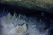 Stalagmites. In the foreground we can see some small stalagmites "sprinkled" with sediment. In the distance, you can see Olivier's lighthouse which lights up the 3 stalagmites that dominate this part of the cave. I am 73 metres deep and 100 metres from the entrance. Underwater cave, Mayotte