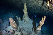 The three stalagmites. Photo taken from a bird's eye view of the three stalagmites which are 70 metres deep and about 80 metres from the cave entrance. Underwater cave, Mayotte