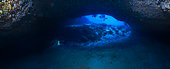 The entrance to the underwater cave. A panorama taken at the entrance to the cave at a depth of just under 60 metres. Underwater cave, Mayotte