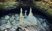 Stalagmites. A panoramic view composed of 10 photos for more than 300 million pixels. At a depth of 70 metres, and 80 metres from the entrance, these stalagmites have stood in the dark for thousands of years. We are the first people to have discovered them. A strong and unique feeling in front of a testimony of the past of Mayotte. Underwater cave, Mayotte