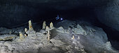 Panorama in an underwater cave. A 100 million pixel panorama to try and capture the scene as best as possible. We are 60 metres from the entrance. There is almost no light coming in at this point. But we can still see some concrete stalagmites. The next ones won't be. Underwater cave, Mayotte