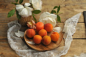 Apricots (Prunus armeniaca) and candle in a wooden plate on a flowery table in the countryside with old lace to embellish the table