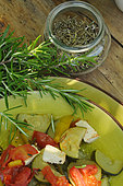 Rosemary (Rosmarinus officinalis) in cooking. Fresh and dried rosemary in a glass jar, medicinal and aromatic plant used in cooking, plate with vegetables and natural tofu