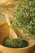 Thym (Thymus vulgaris) - thym frais fleuri et séché dans un bol en bois