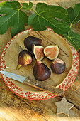 Black figs, (Ficus carica) on a wooden plate, fig leaves as decoration, summer fruits