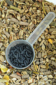 Charcoal pellets for the treatment of digestive disorders and cereal ration, dietary supplement, horse care
