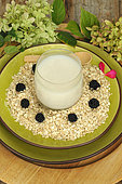 Vegetable oat milk (Avena sativa), drink, oat flakes and blackberries