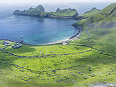 The islands of St Kilda archipelago in Scotland. Island of Hirta with village bay and the settelment abondoned 1930. It is one of the few places worldwide to hold joint UNESCO world heritage status for its natural and cultural qualities. Europe, Scotland, St. Kilda, July