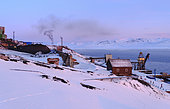 Storage of the coal from the mine. Russian coal mining town Barentsburg at fjord Groenfjorden, Svalbard. The coal mine is still in operation. Arctic Region, Europe, Scandinavia, Norway, Svalbard