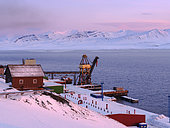 Harbour area. Russian coal mining town Barentsburg at fjord Groenfjorden, Svalbard. The coal mine is still in operation. Arctic Region, Europe, Scandinavia, Norway, Svalbard