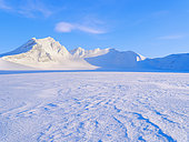 Mountains in the north of glacier Vestre Groenfjordbreen. Landscape in Van Mijenfjorden National Park, (former Nordenskioeld NP), Island of Spitsbergen, part of Svalbard archipelago. Arctic region, Europe, Scandinavia, Norway, Svalbard