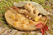 Ginger rhizome (Zingiber officinale) and candied fruit in a wooden plate