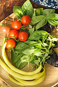 Basil (Ocimum basilicum), Cherry tomatoes (Solanum lycopersicum), Butter beans (Phaseolus vulgaris), Herbs and vegetables from the garden