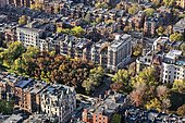 View from Prudential Tower to the houses in the historic district of Back Bay, Boston, Massachusetts, New England, USA, North America
