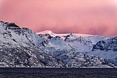 Maritime landscape in a Norwegian fjord in winter. North Atlantic Ocean