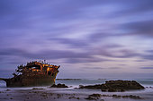Vue crépusculaire de l'épave du Meisho Maru No. 38, les vagues et la mer étant brouillées par une longue exposition, sur le littoral du Cap Agulhas près de L'Agulhas dans l'Overberg, Cap occidental. Afrique du Sud.