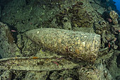 Large-caliber artillery shell on SS Thistlegorm wreck a British cargo steamship built in North East England in 1940 and sunk by German bomber aircraft in 1941. Near Ras Mohammed, Sinai Peninsula, Red Sea, Egypt