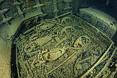 Truck loaded with BSA M20 and Norton 16H motorcycles located in one of the cargo holds inside the of SS Thistlegorm wreck a British cargo steamship built in North East England in 1940 and sunk by German bomber aircraft in 1941. Near Ras Mohammed, Sinai Peninsula, Red Sea, Egypt