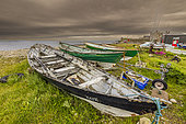 Tied up boats near the historic site of Sandsayre pier, the starting point for the crossing to the Isle of Moussa, Shetland, Scotland