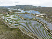 Rows of solar panels at the photovoltaic plant of Lucainena de las Torres. Aerial view. Drone shot. Almería province, Andalusia, Spain.