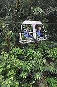 Clients of the lodge doing the aerian bike upon the forest. Mashpi lodge. Region of Choco-Darien. Ecuador.