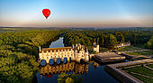 Chenonceau castle with the river Le Cher passing below - aerial view - Indre et Loire - France