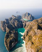 Aerial view, Koh Phi Phi Leh lagoons with turquoise water and Maya Bay, Tropical Island, Koh Phi Phi, Krabi Province, Thailand, Asia