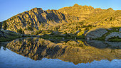 Mont Bego from the Fontanalba valley, in the Mercantour National Park. The massif of Mont Bego (2872 m) is reflected at dawn in one of the Twin Lakes, located above the Fontanalba refuge. This area is part of the regulated zone of the Merveilles, where thousands of neolithic engravings dating from the Bronze Age (- 3000 years) are protected - Mercantour National Park - Alpes Maritimes - France