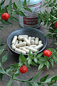 Food supplement capsules with Butcher's broom (Ruscus aculeatus) to promote blood circulation