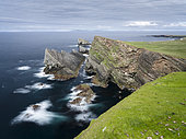 Foula, partie des îles Shetland au nord de l'Écosse, c'est l'une des îles habitées en permanence les plus éloignées du Royaume-Uni. Falaises au nord à East Hoevdi avec l'arche naturelle Gaada Stack, Ecosse, Grande-Bretagne