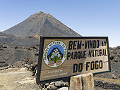 Entrance to Parque Natural do Fogo. Stratovolcano mount Pico do Fogo. Fogo Island (Ilha do Fogo), part of Cape Verde in the central atlantic.