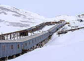 Covered access to the mine, once with a railway. Pyramiden, abandoned russian mining settlement at the Billefjorden, island Spitzbergen in the svalbard archipelago. Arctic, Europe, Scandinavia, Norway, Svalbard