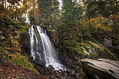 The great Tendon waterfall in autumn, aerial view, Vosges, France.