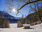 Landscape at lake Freibergsee. The Allgaeu Alps (Allgaeuer Alpen) near Oberstdorf during winter in Bavaria. Europe, Germany, January