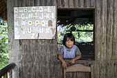 4-year-old Rama child at the kitchen window and alphabet on the wall, house along the Rio Indio river, Nicaragua, San Juan de Nicaragua