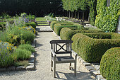 Square of Boxwood (Buxus sp) and flowers beds, Medieval Garden of Bois Richeux, Eure et Loir, France