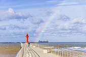 Boulogne sur mer pier and rainbow in autumn, Pas de Calais, France
