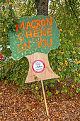 ONF agents' protest sign. Starting from Mulhouse, Perpignan, Strasbourg and Valence, forest rangers from the ONF, the French National Forestry Office, began a long march of more than 300 km on 25 October 2018, lasting around 40 days. They were about 2000 to take turns along the route to say NO to the industrialisation of the French forest and to shout loud and clear that the forest is not a wood factory. Forêt de Tronçais, Allier, Auvergne, France