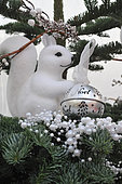 Christmas ball with ribbon, white squirrel, festive decoration, tree and pearl garland