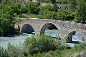 Medieval bridge of Anzànigo over the Rio Gallego, Huesca, Aragon, Spain