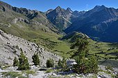 Hiking towards Peña Foratata, from the Forato pass, view of Arriel (2822m), Palas (2970m) and Balaïtous (3146m), Aragonese Pyrenees, Spain