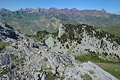 From the Peña Foratata, view of the Permian red sandstone from the Peña Collarada to the Anayet (ancient volcano), Aragonese Pyrenees, Spain