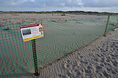 Fence and information panel for the protection of a nesting area for the Kentish Plover (Charadrius alexandrinus) during a period from 03/april to 09/september of each year, on the beach of Sérignan, bank of the Grande Maïre pond, Plage de Sérignan, Hérault, France