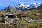 Ruined chalets in the Clou valley, in the Haute Tarentaise. The Clou valley, located in the commune of Sainte-Foy-Tarentaise, is listed as a "classified site" in the Savoie department. Alps, France